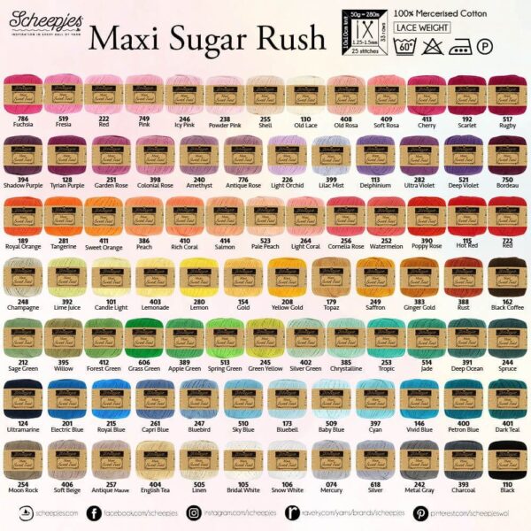 Scheepjes Maxi Sugar Rush, merserizuota medvilnė, 87 spalvos, nėriniuota medvilnė, amigurumi siūlai, nėrinių siūlai